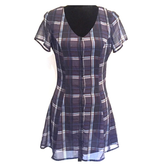 H&M Blue Plaid Mini Dress Size 4 - Picture 1 of 5